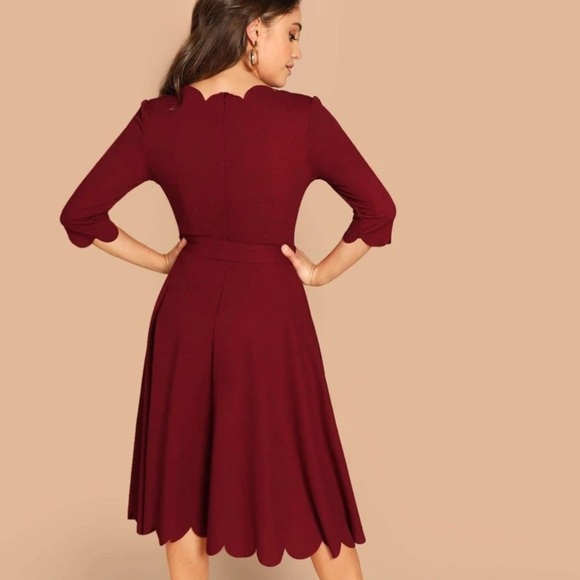 Scalloped midi dress quarter long sleeve belted - Picture 2 of 8